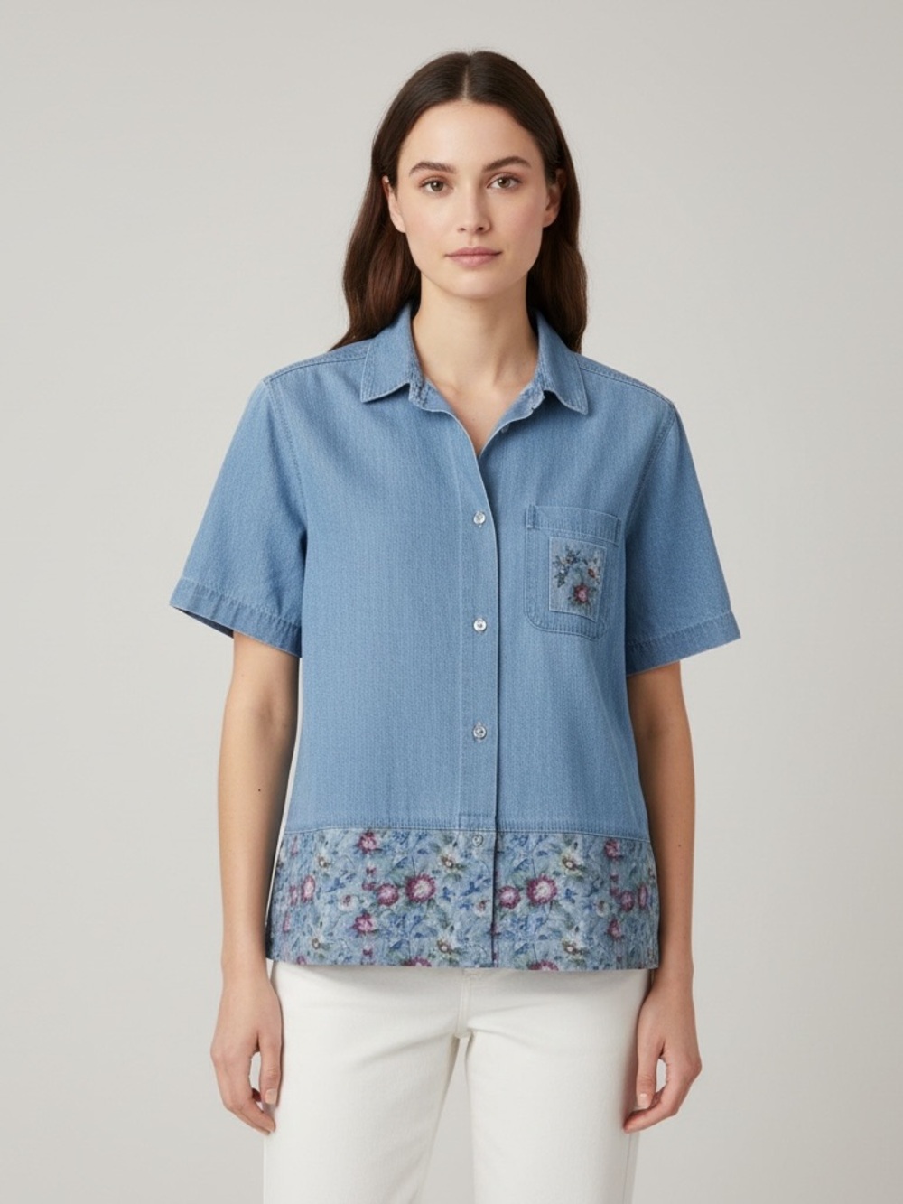 New Look | Vintage denim shirt short sleeve floral button up shirt size la…